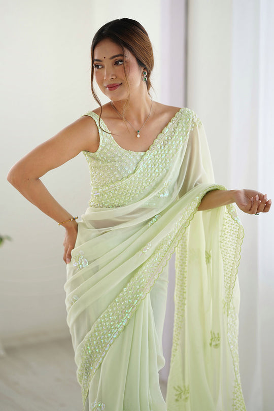 Tyra Pastel Green Georgette Net Embroidered Sequins One Minute Saree
