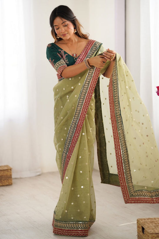 Uma Olive Green Banarasi Crush Sequins & Cording Lace Border Ready to Wear One Minute Saree