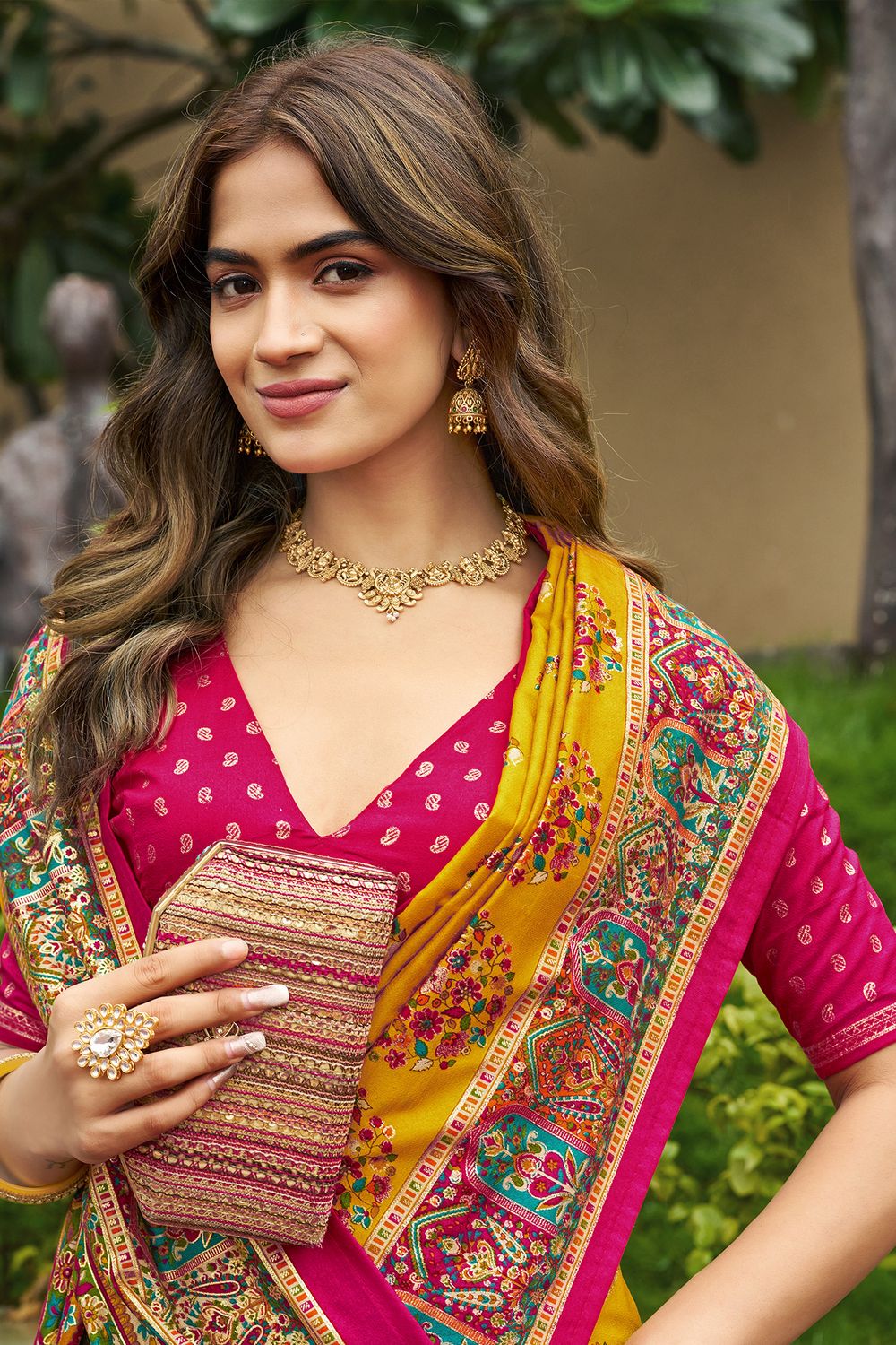 Sadie Mustard Silk Foil Printed Ready To Wear One Minute Saree