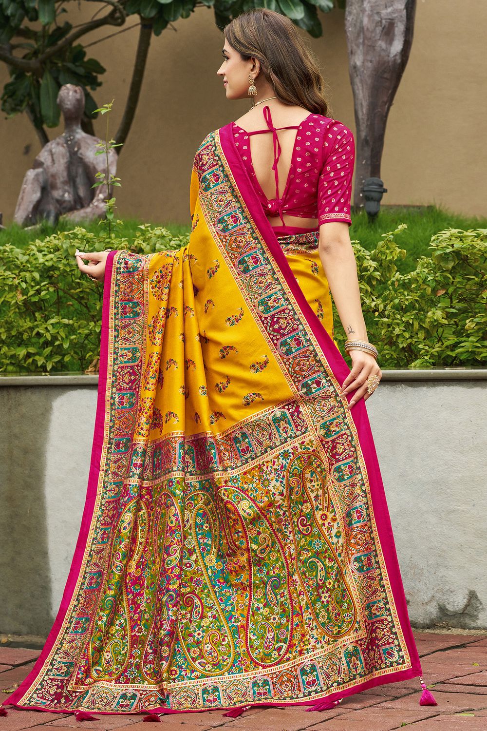 Sadie Mustard Silk Foil Printed Ready To Wear One Minute Saree