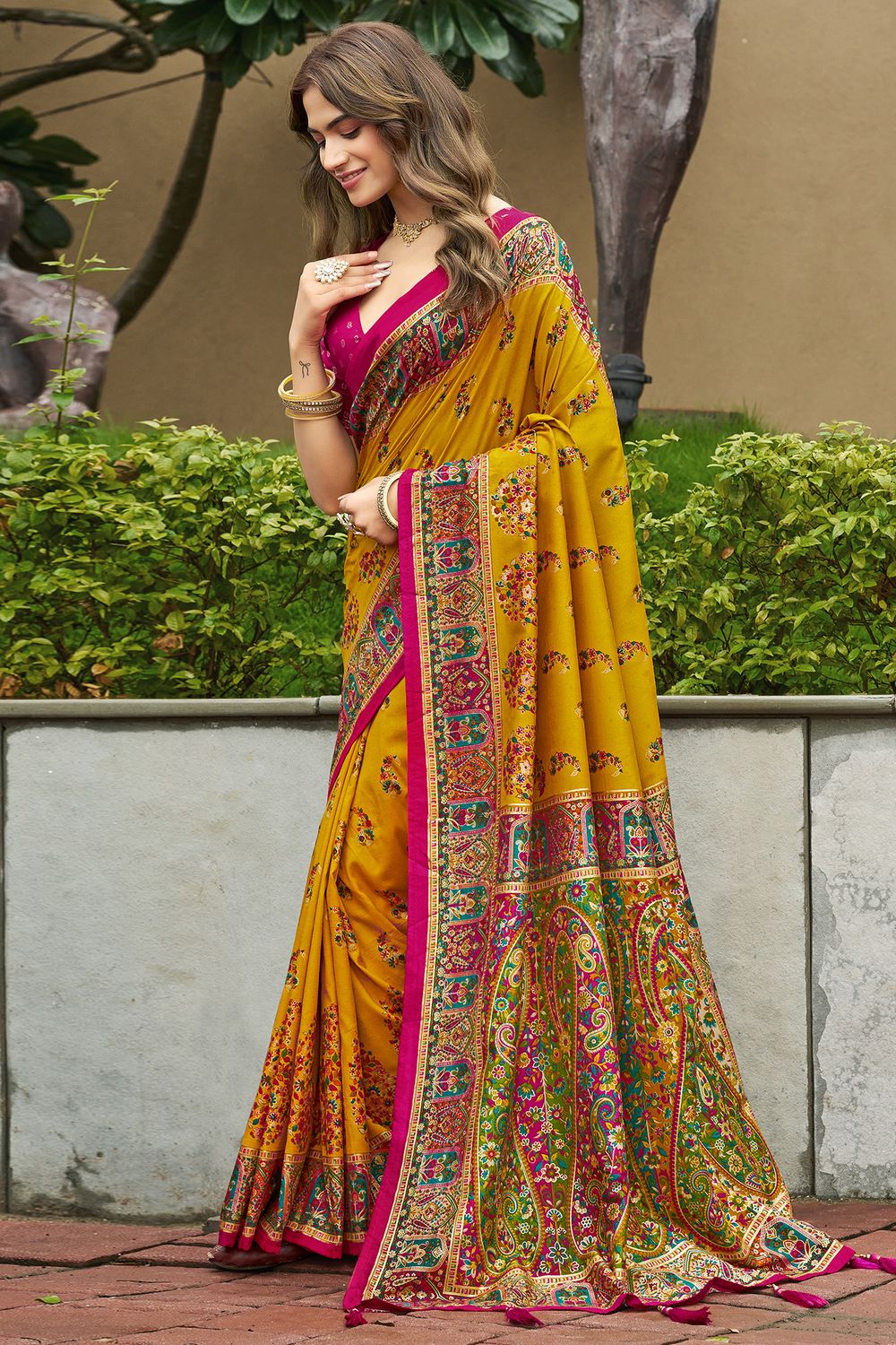 Sadie Mustard Silk Foil Printed Ready To Wear One Minute Saree
