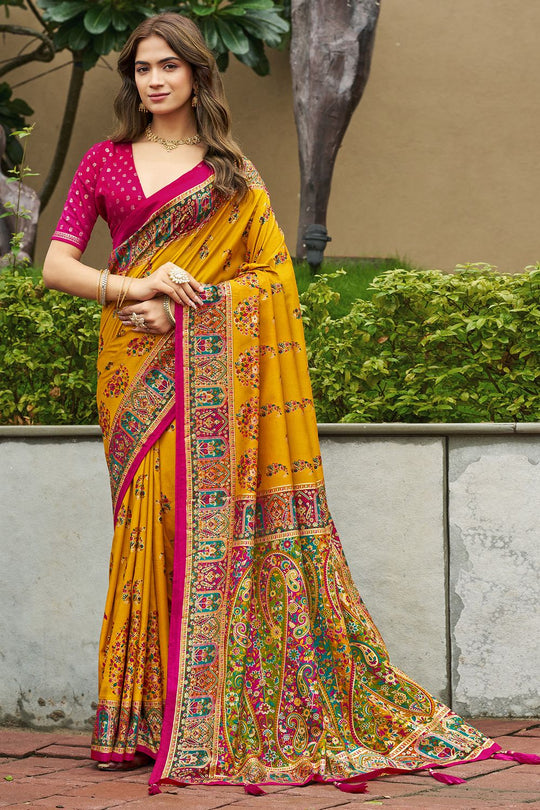 Sadie Mustard Silk Foil Printed Ready To Wear One Minute Saree