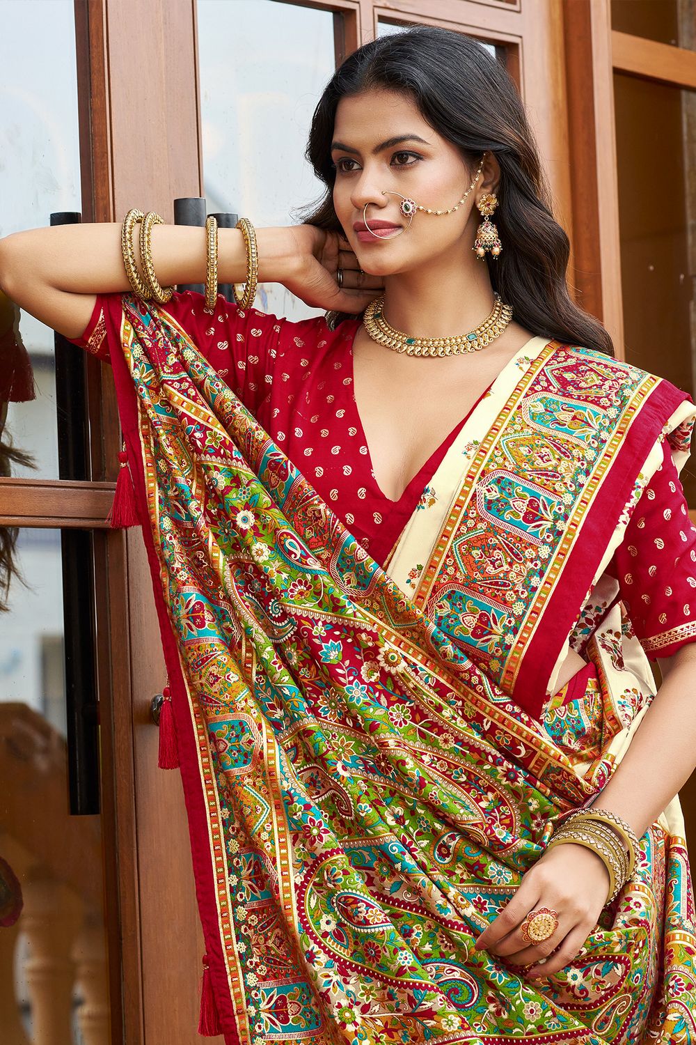 Sadie Cream Silk Foil Printed Ready To Wear One Minute Saree