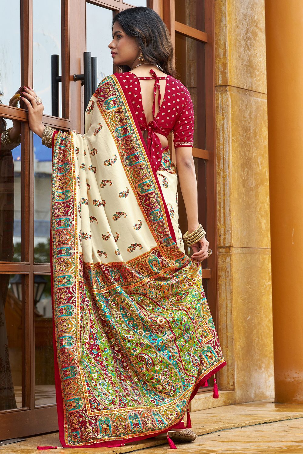 Sadie Cream Silk Foil Printed Ready To Wear One Minute Saree