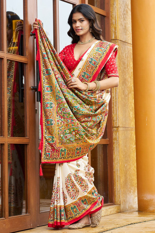 Sadie Cream Silk Foil Printed Ready To Wear One Minute Saree