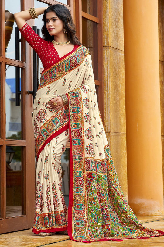 Sadie Cream Silk Foil Printed Ready To Wear One Minute Saree
