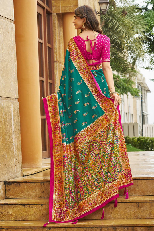 Sadie Teal Green Silk Foil Printed Ready to Wear One Minute Saree