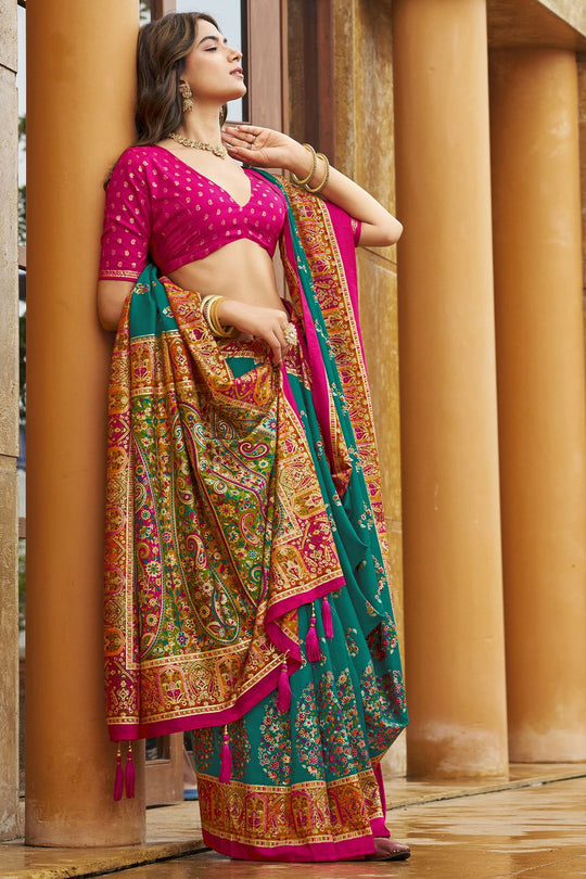 Sadie Teal Green Silk Foil Printed Ready to Wear One Minute Saree