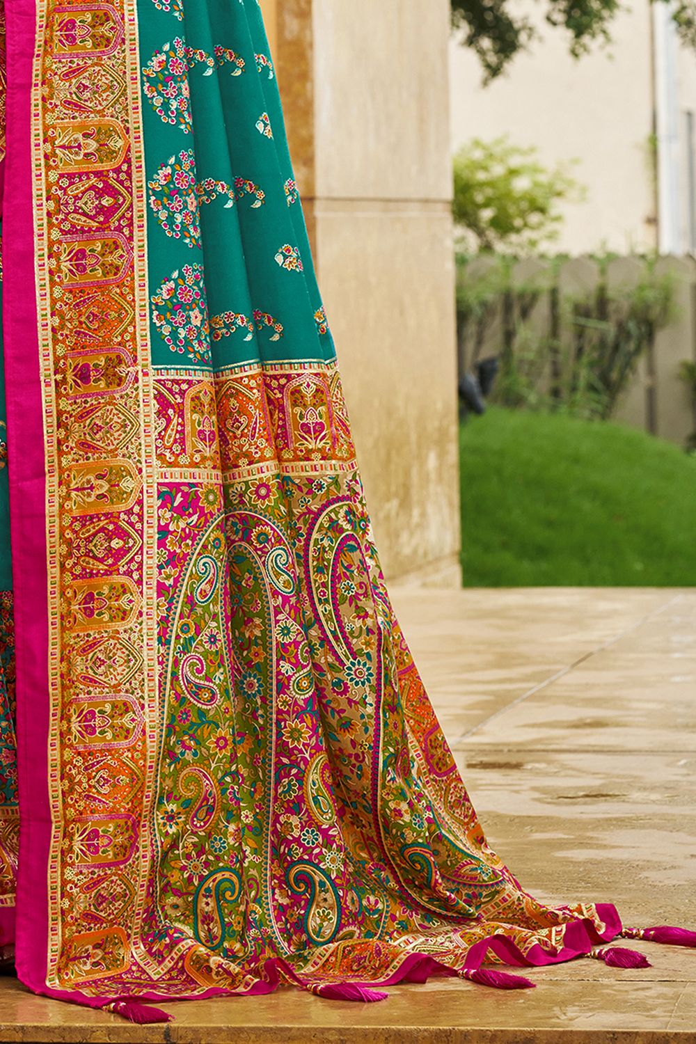 Sadie Teal Green Silk Foil Printed Ready to Wear One Minute Saree
