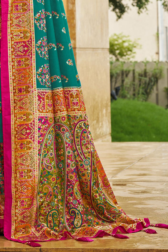 Sadie Teal Green Silk Foil Printed Ready to Wear One Minute Saree
