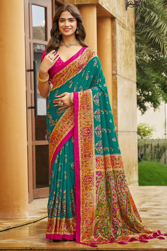 Sadie Teal Green Silk Foil Printed Ready to Wear One Minute Saree