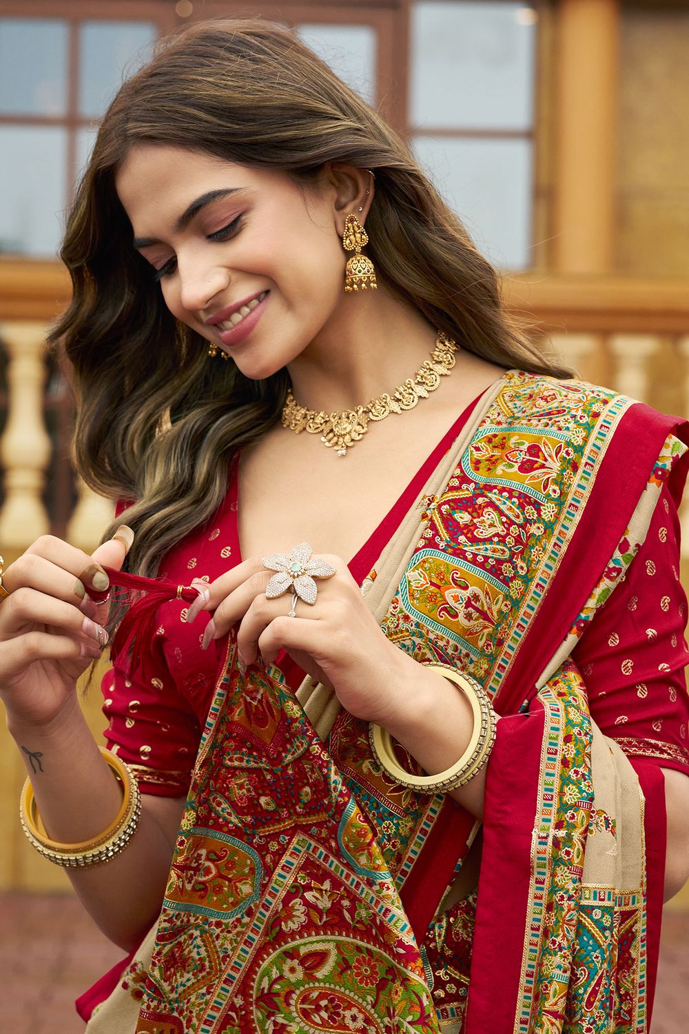 Sadie Beige Silk Foil Printed Ready to Wear One Minute Saree