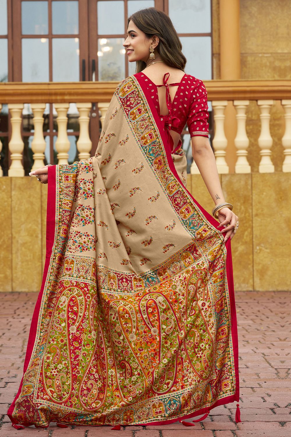 Sadie Beige Silk Foil Printed Ready to Wear One Minute Saree