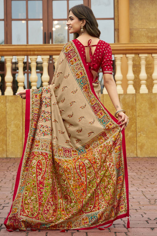 Sadie Beige Silk Foil Printed Ready to Wear One Minute Saree