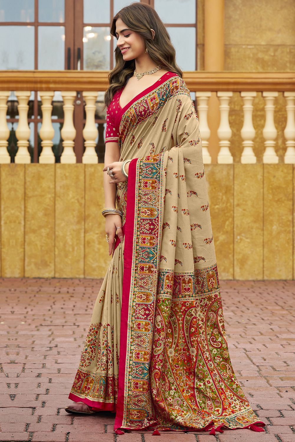 Sadie Beige Silk Foil Printed Ready to Wear One Minute Saree