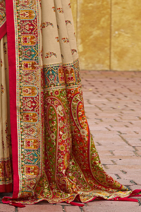 Sadie Beige Silk Foil Printed Ready to Wear One Minute Saree