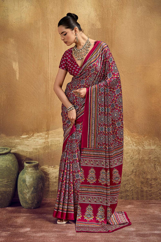Carina Red Modal Satin Ajrakh Print with Traditional Motifs Ready to Wear Saree