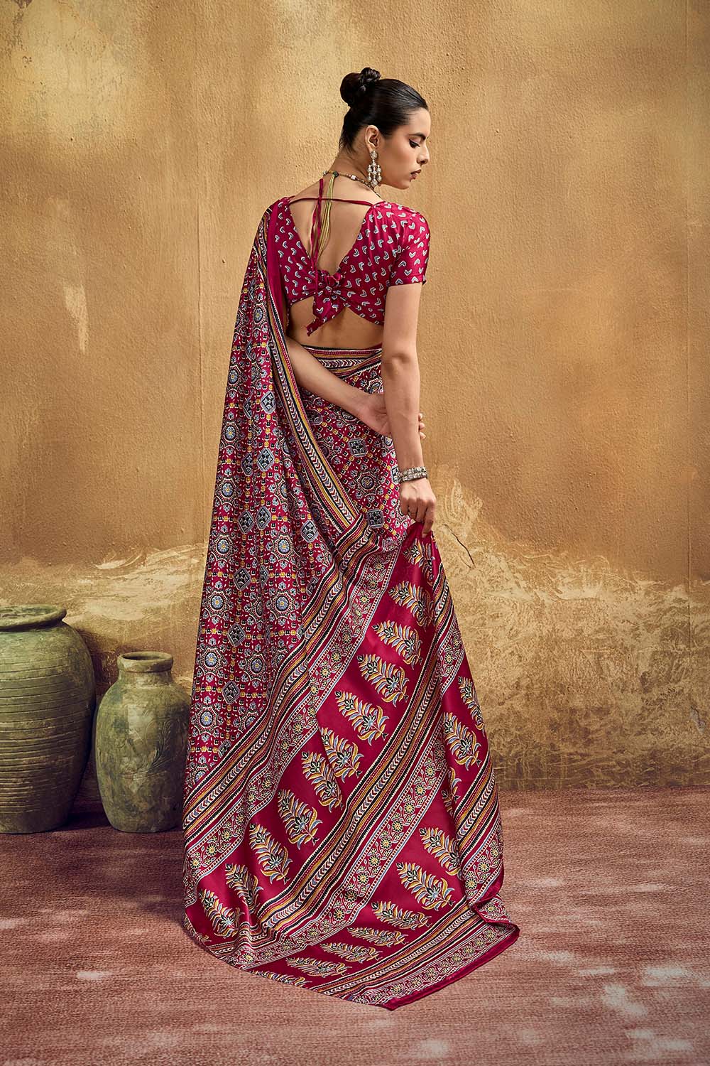 Carina Red Modal Satin Ajrakh Print with Traditional Motifs Ready to Wear Saree