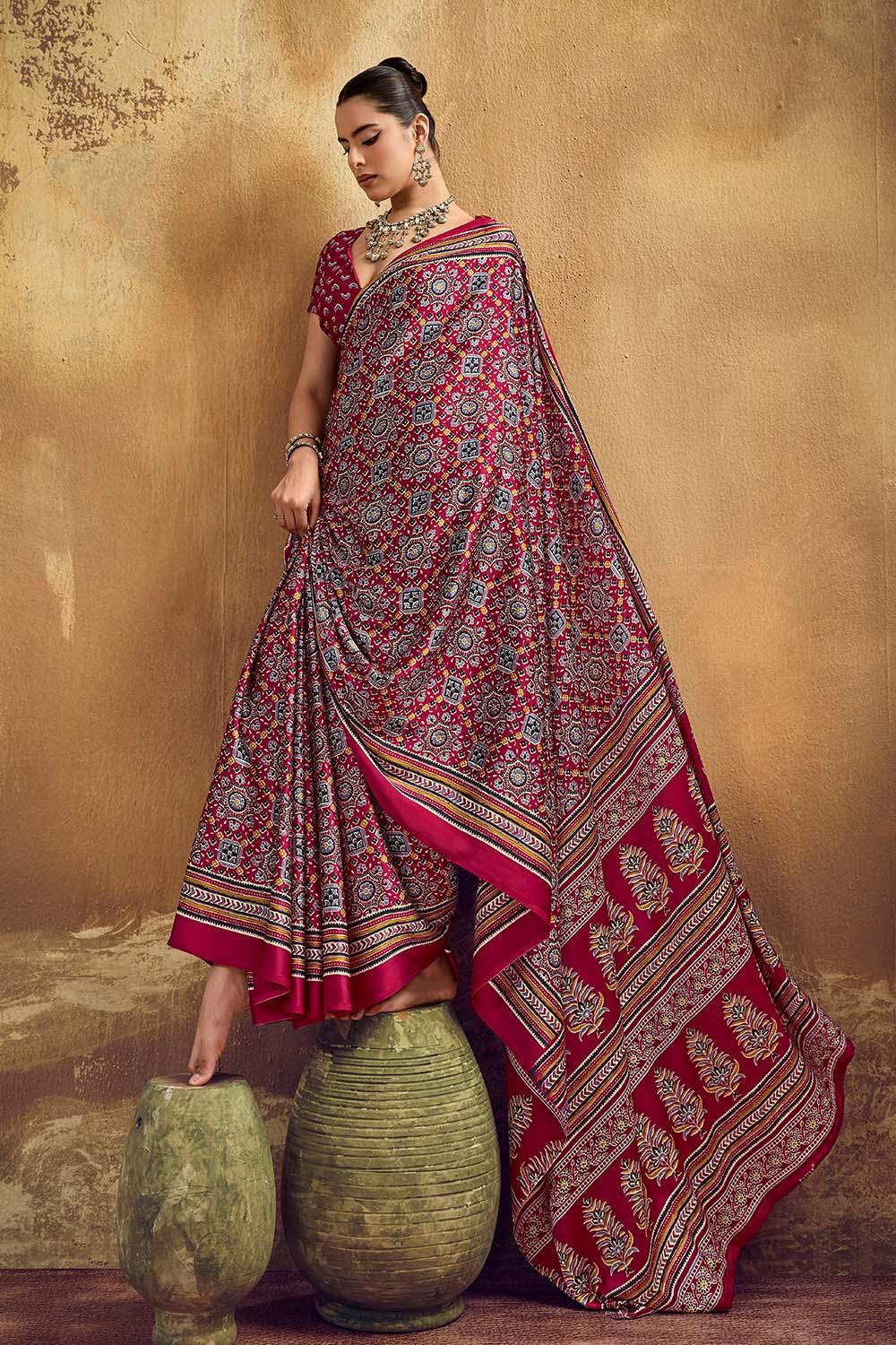 Carina Red Modal Satin Ajrakh Print with Traditional Motifs Ready to Wear Saree