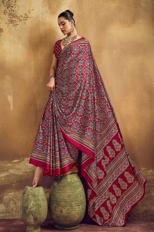Carina Red Modal Satin Ajrakh Print with Traditional Motifs Ready to Wear Saree