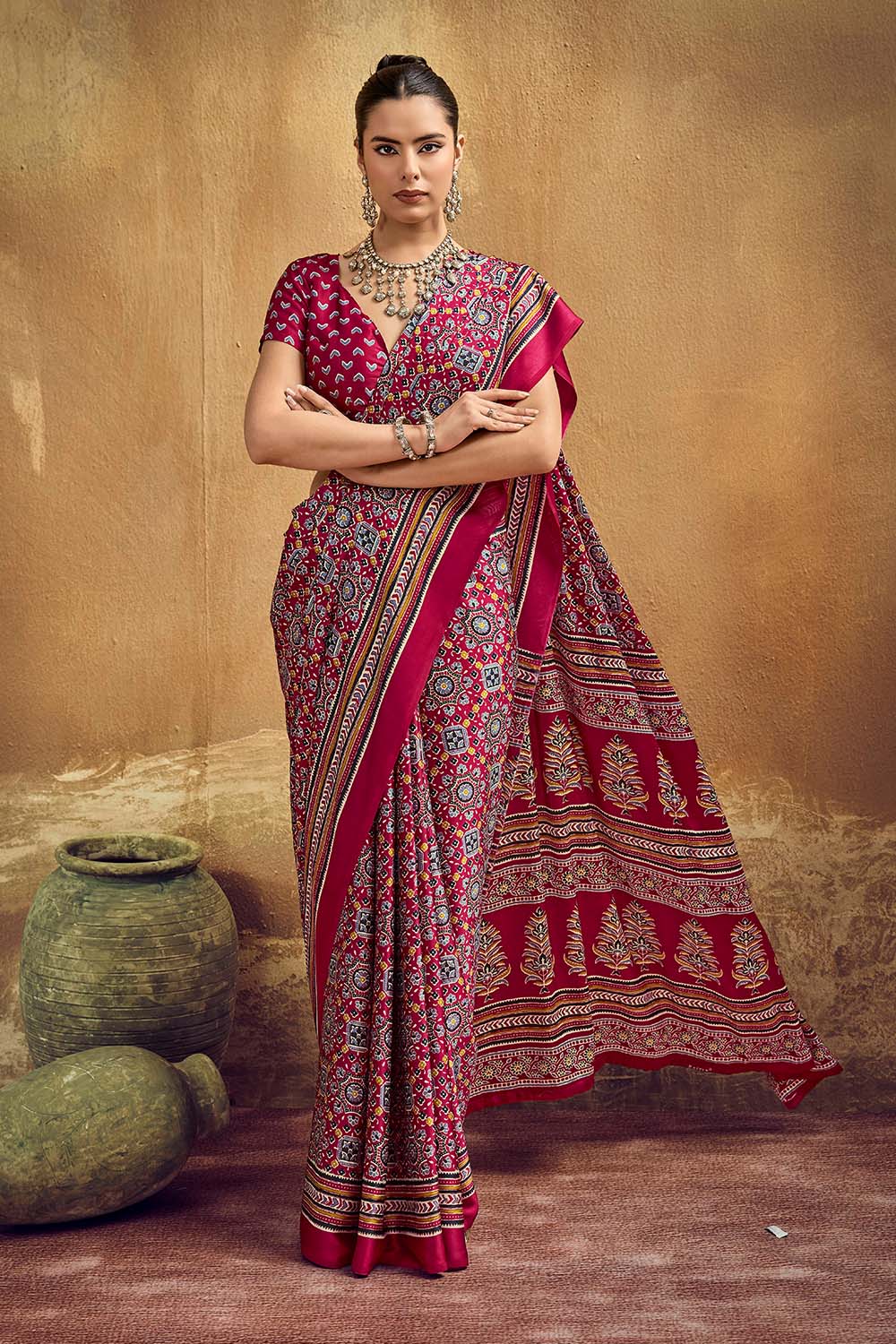Carina Red Modal Satin Ajrakh Print with Traditional Motifs Ready to Wear Saree