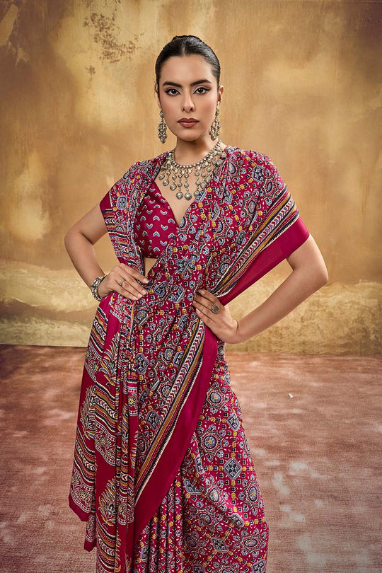 Carina Red Modal Satin Ajrakh Print with Traditional Motifs Ready to Wear Saree