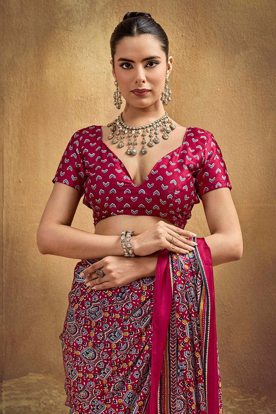 Carina Red Modal Satin Ajrakh Print with Traditional Motifs Ready to Wear Saree