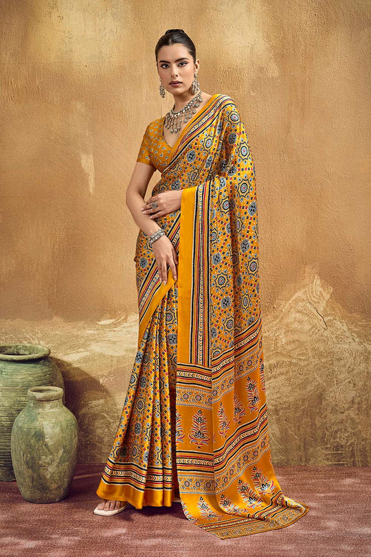 Carina Mustard Yellow Modal Satin Ajrakh Print with Traditional Motifs Ready to Wear Saree