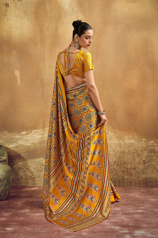 Carina Mustard Yellow Modal Satin Ajrakh Print with Traditional Motifs Ready to Wear Saree