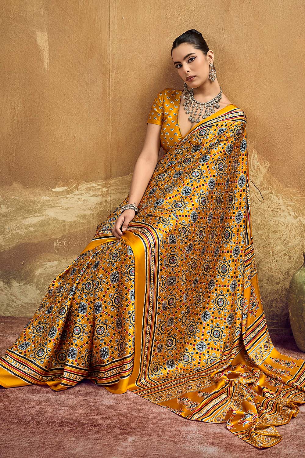 Carina Mustard Yellow Modal Satin Ajrakh Print with Traditional Motifs Ready to Wear Saree