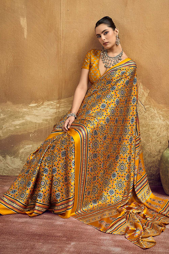 Carina Mustard Yellow Modal Satin Ajrakh Print with Traditional Motifs Ready to Wear Saree