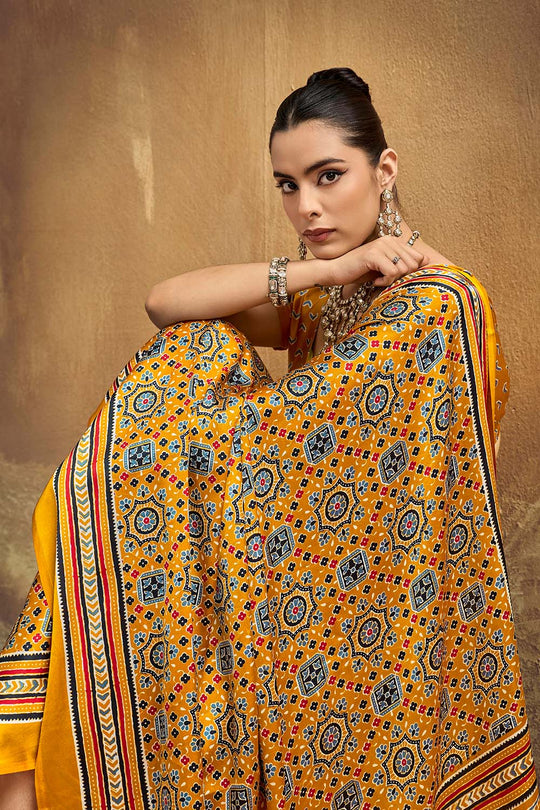 Carina Mustard Yellow Modal Satin Ajrakh Print with Traditional Motifs Ready to Wear Saree
