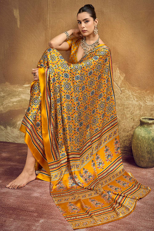 Carina Mustard Yellow Modal Satin Ajrakh Print with Traditional Motifs Ready to Wear Saree