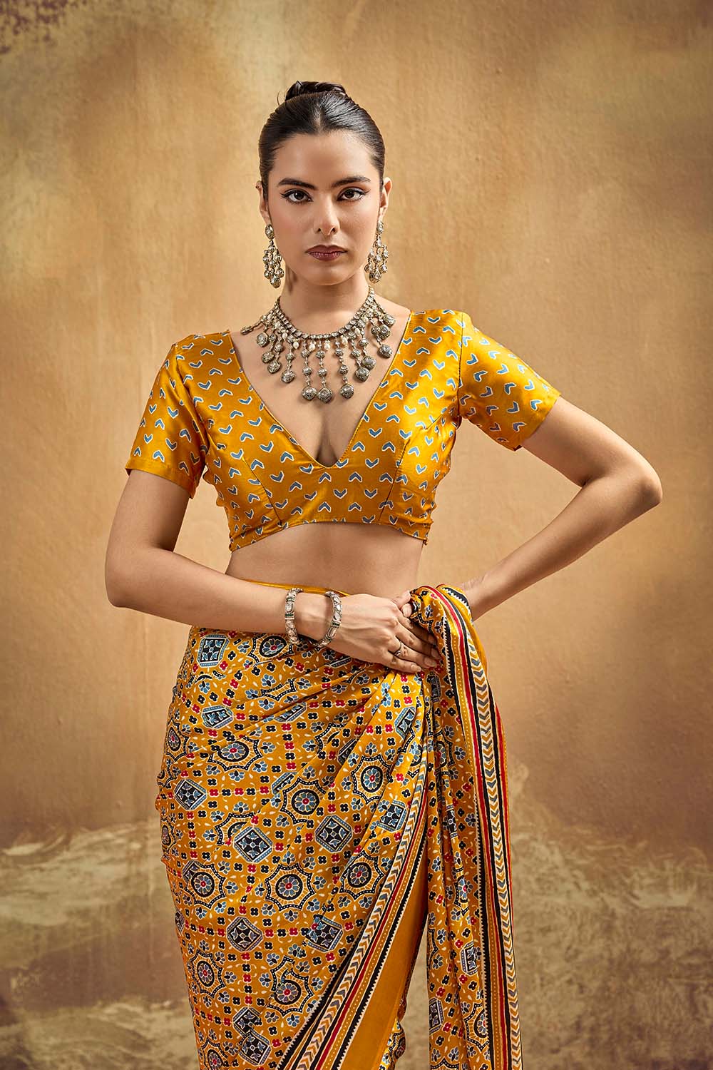 Carina Mustard Yellow Modal Satin Ajrakh Print with Traditional Motifs Ready to Wear Saree
