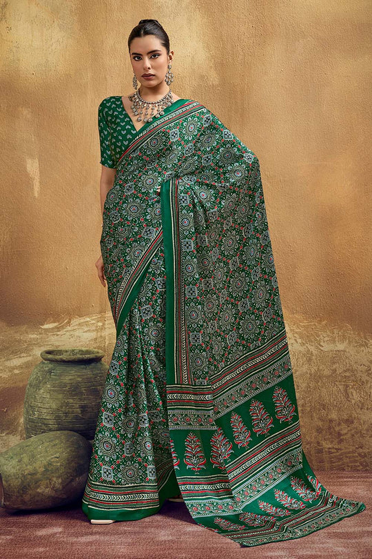 Carina Green Modal Satin Ajrakh Print with Traditional Motifs Ready to Wear Saree