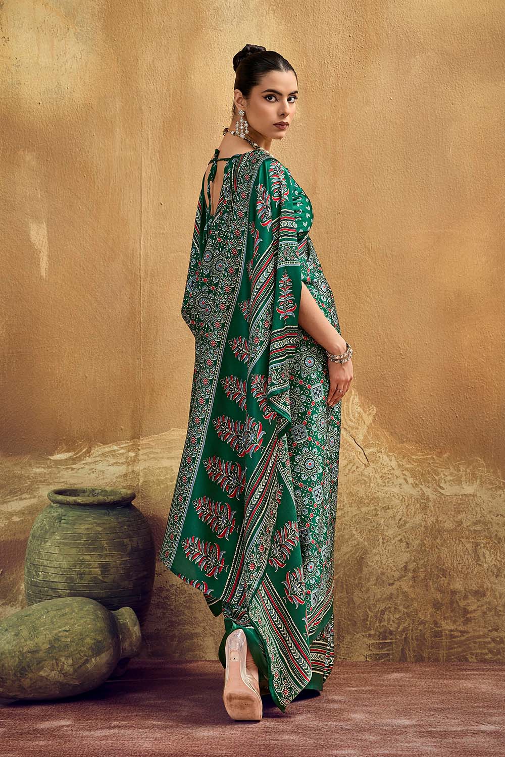 Carina Green Modal Satin Ajrakh Print with Traditional Motifs Ready to Wear Saree
