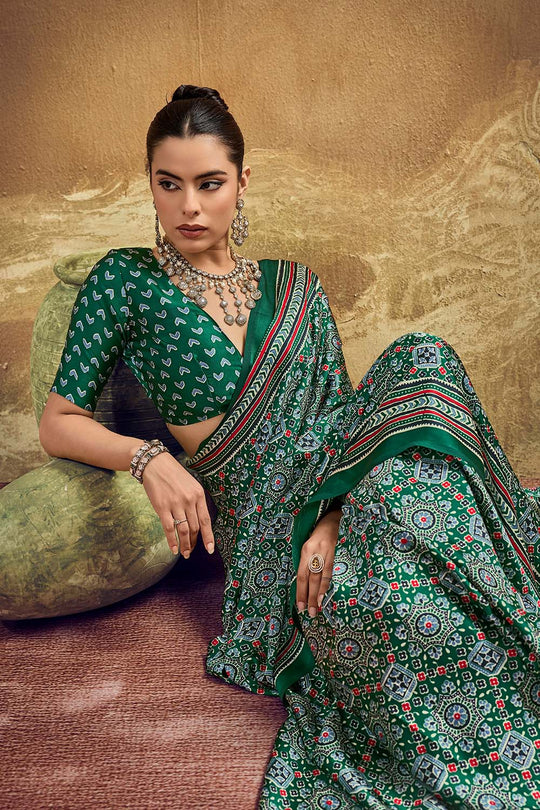 Carina Green Modal Satin Ajrakh Print with Traditional Motifs Ready to Wear Saree