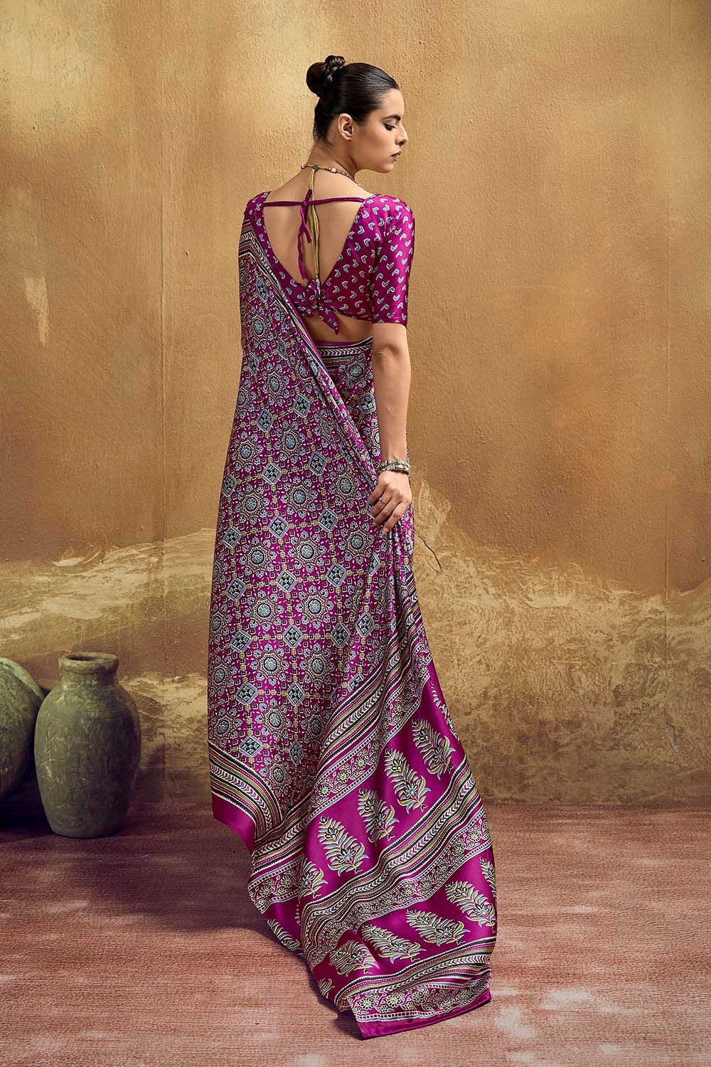 Carina Magenta Modal Satin Ajrakh Print with Traditional Motifs Ready to Wear Saree