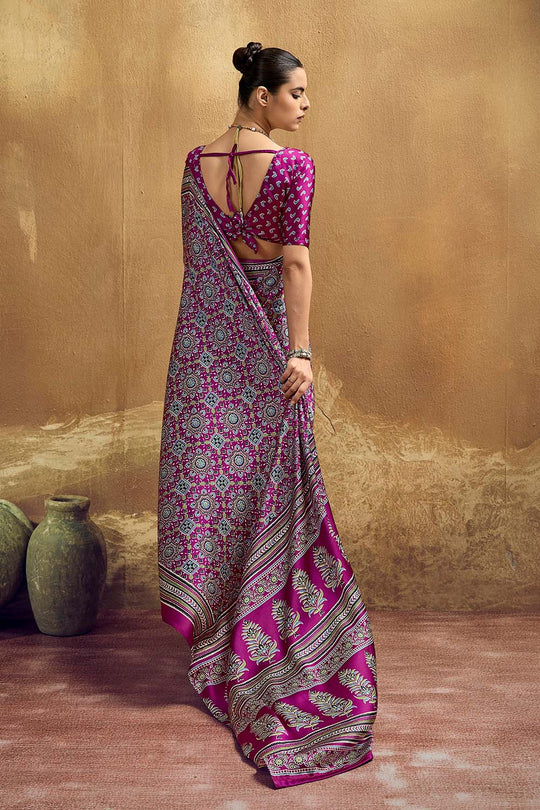 Carina Magenta Modal Satin Ajrakh Print with Traditional Motifs Ready to Wear Saree