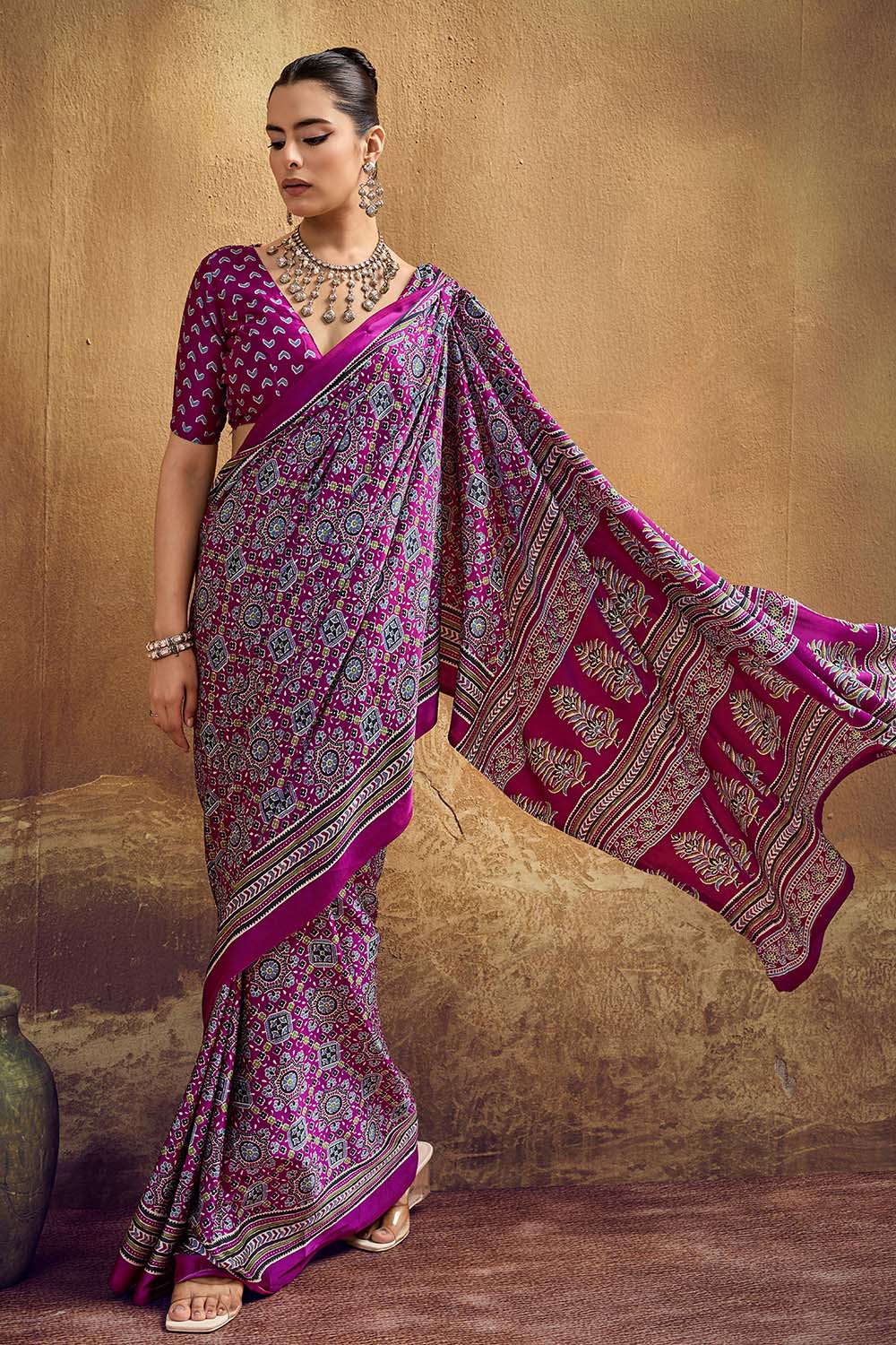 Carina Magenta Modal Satin Ajrakh Print with Traditional Motifs Ready to Wear Saree