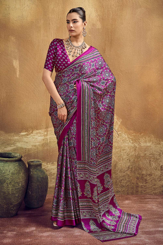 Carina Magenta Modal Satin Ajrakh Print with Traditional Motifs Ready to Wear Saree