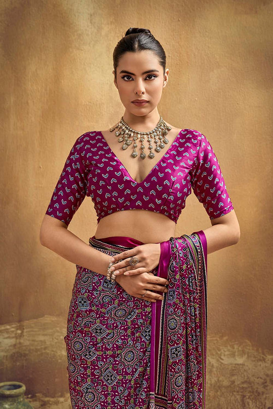 Carina Magenta Modal Satin Ajrakh Print with Traditional Motifs Ready to Wear Saree