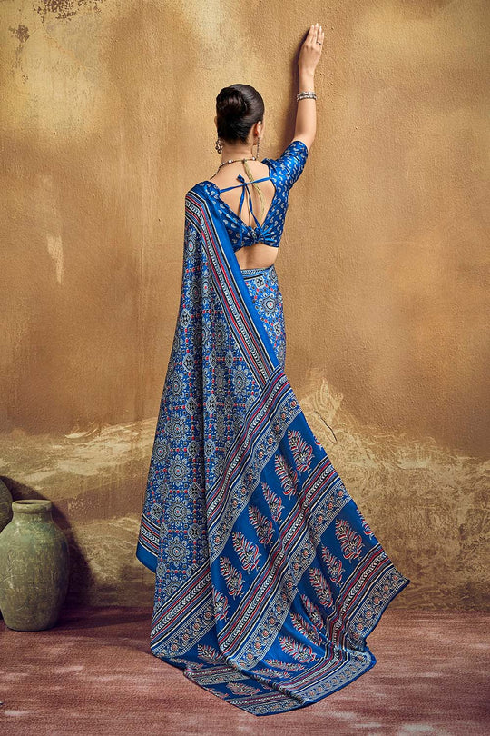 Carina Blue Modal Satin Ajrakh Print with Traditional Motifs Ready to Wear Saree