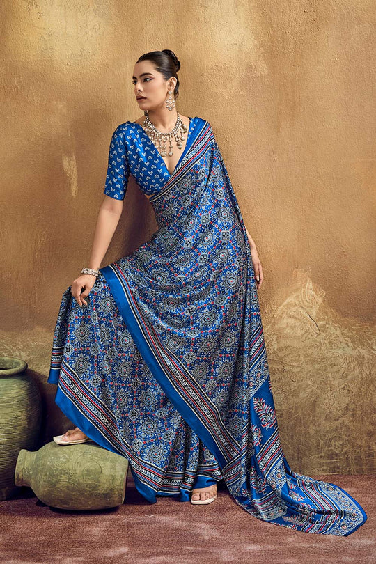 Carina Blue Modal Satin Ajrakh Print with Traditional Motifs Ready to Wear Saree