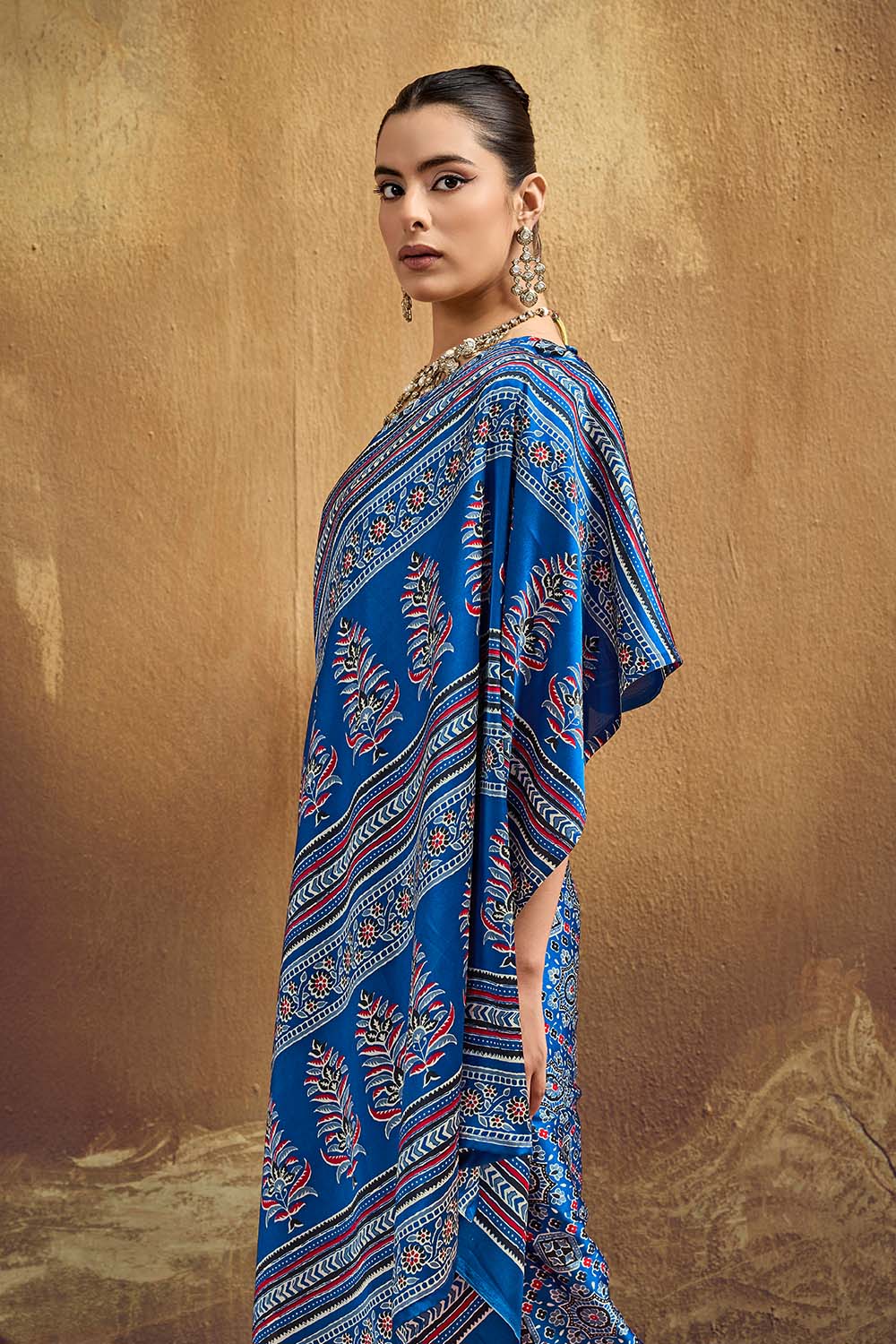 Carina Blue Modal Satin Ajrakh Print with Traditional Motifs Ready to Wear Saree