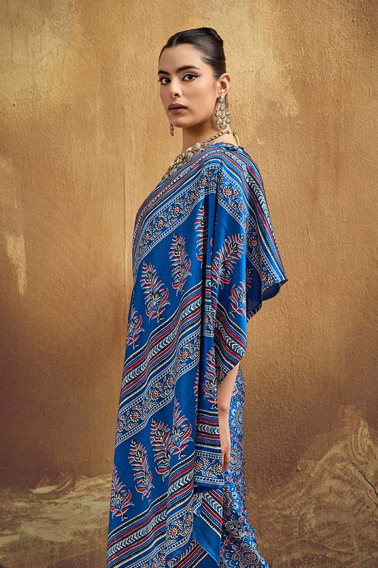 Carina Blue Modal Satin Ajrakh Print with Traditional Motifs Ready to Wear Saree