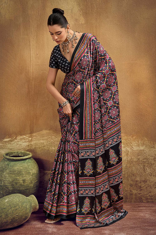 Carina Black Modal Satin Ajrakh Print with Traditional Motifs Ready to Wear Saree
