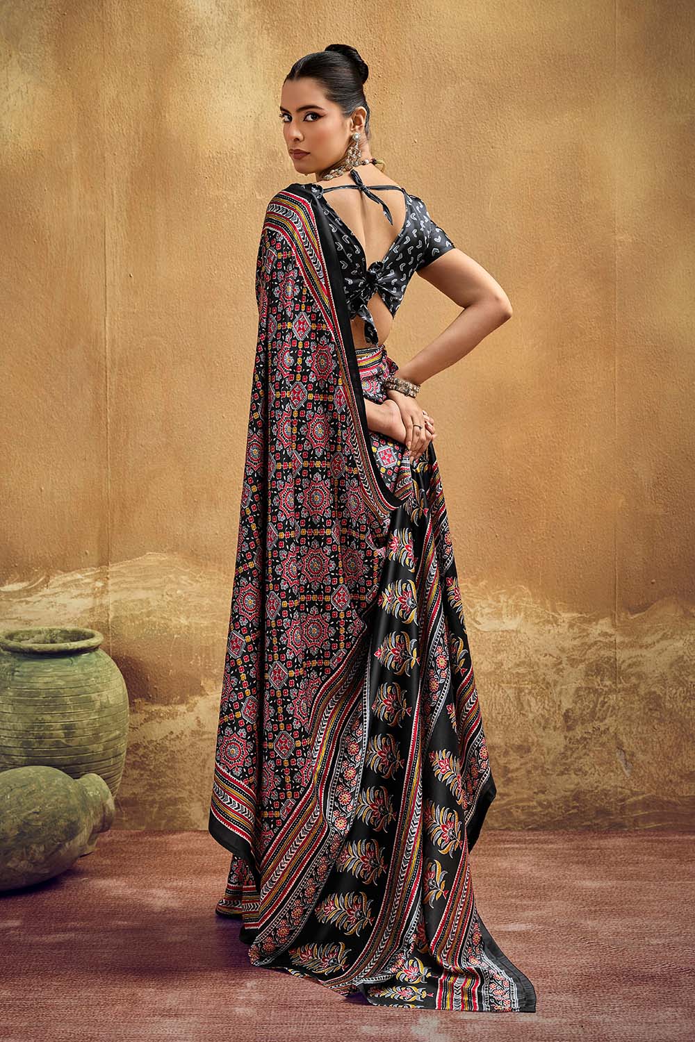 Carina Black Modal Satin Ajrakh Print with Traditional Motifs Ready to Wear Saree