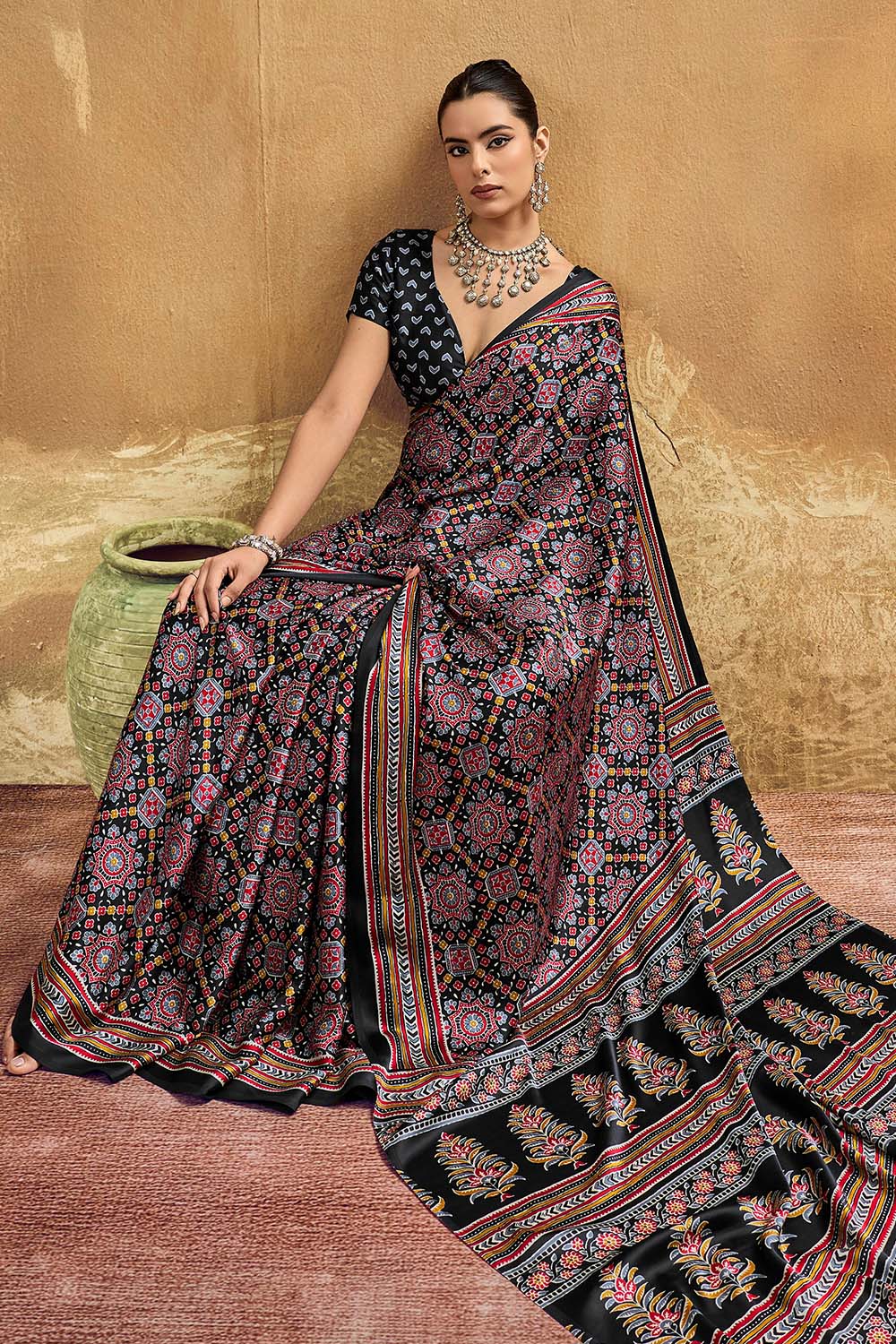 Carina Black Modal Satin Ajrakh Print with Traditional Motifs Ready to Wear Saree