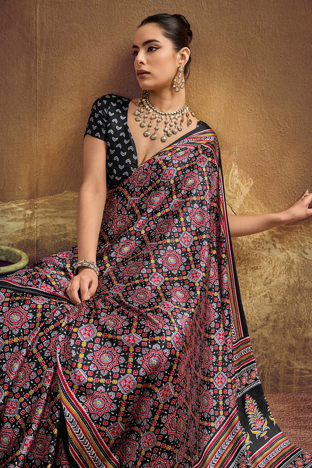 Carina Black Modal Satin Ajrakh Print with Traditional Motifs Ready to Wear Saree
